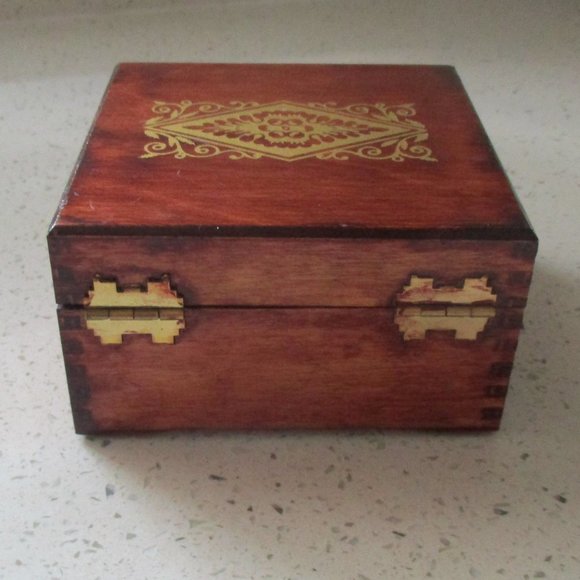 Wooden Trinket Jewelry Box w/ Gold Painted Design - Picture 4 of 7